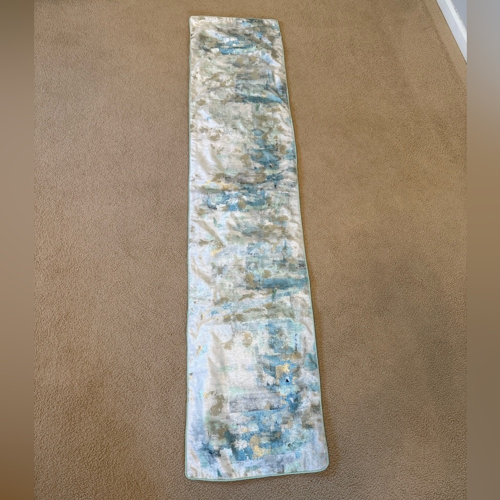 Nicole Miller | Teal, Metallic, White Abstract Patterned Table Runner | 70”x16”